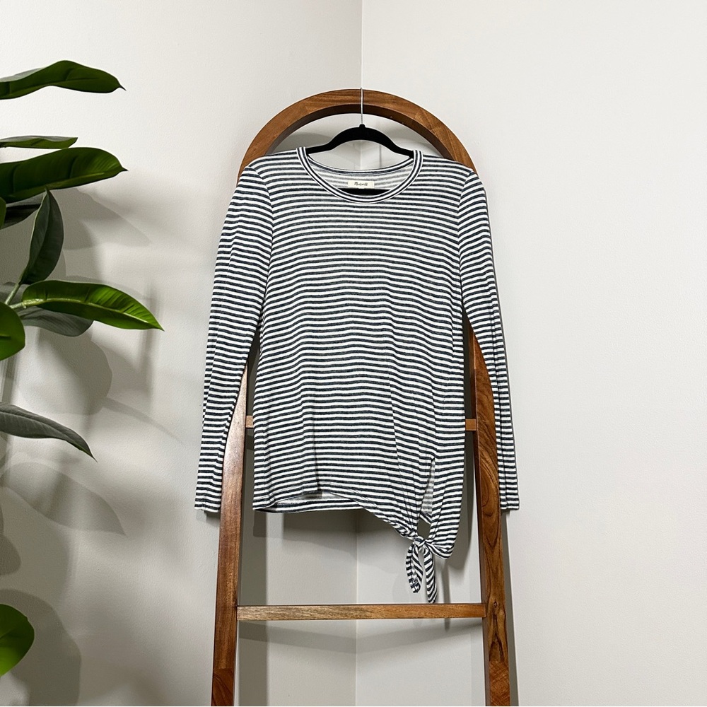 Madewell MEDIUM Blue Stripe Lyocell Linen Cotton Soundcheck Long Sleeve Top